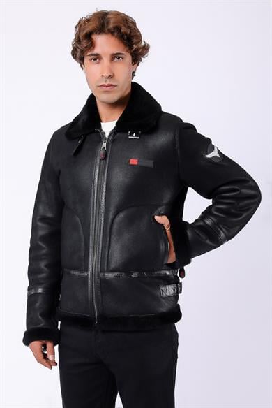 Siyah Aviator Kürk İçlikli Hakiki Deri Kaban