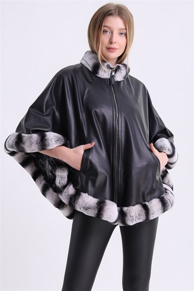 Black Reversible Leather Cape Jacket with Rex Fur Trim
