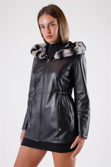 Black Reversible Genuine Leather Jacket with Rex Fur Trim
