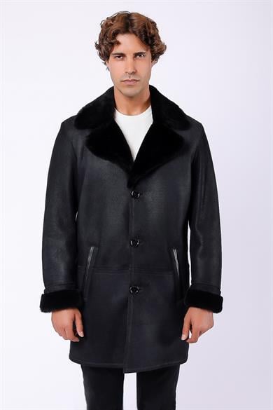 Black Crack Fur-Lined Genuine Leather Coat