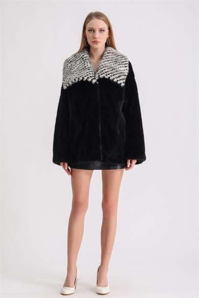 Black Checkerboard Embroidered Mink Coat