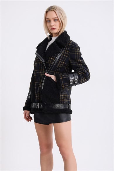 Plaid Lambswool Jacket with Black Leather Trim