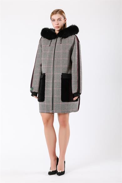 Black Plaid Alpaca Wool Coat with Fox Fur Trim