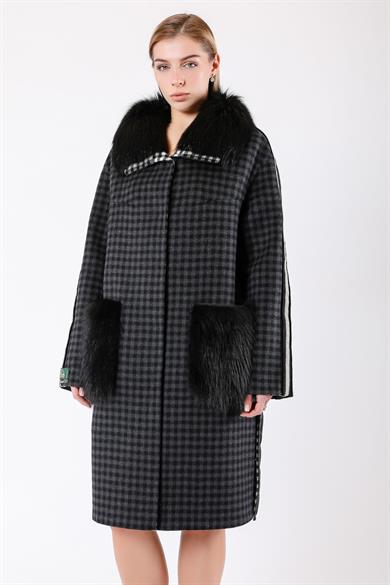 Black Plaid Alpaca Wool Coat with Fox Fur Trim