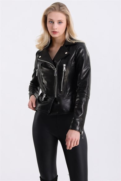 Black Fitted Double-Breasted Leather Jacket