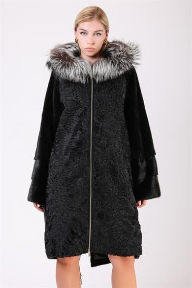 Swakara Mink Fur Coat with Black Fox Trim