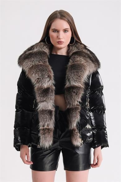 Puffer Coat with Black Fox Trim