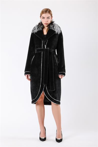 Black Fox Fur Trimmed Leather Detailed Wool Coat