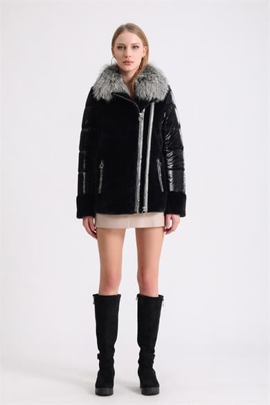 Wool Coat with Python Leather Trim and Black Fox Fur