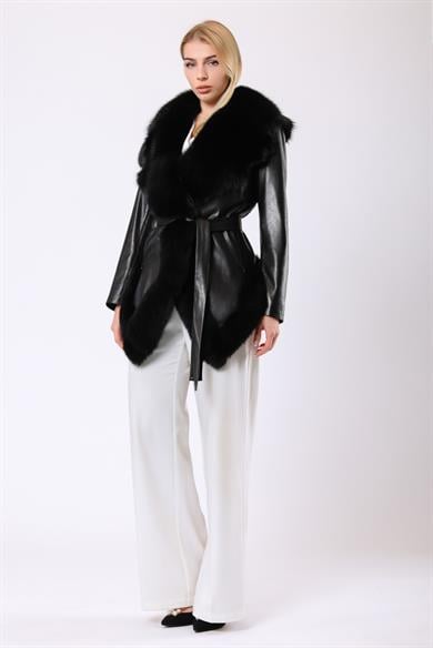 Black Gabriella Genuine Leather Coat with Fur Trim