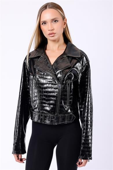 Black Glam Croco Genuine Leather Jacket