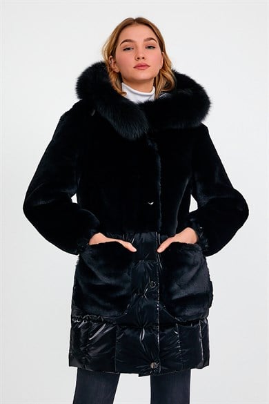 Black Glam Puffer Coat with Fox Fur Trim