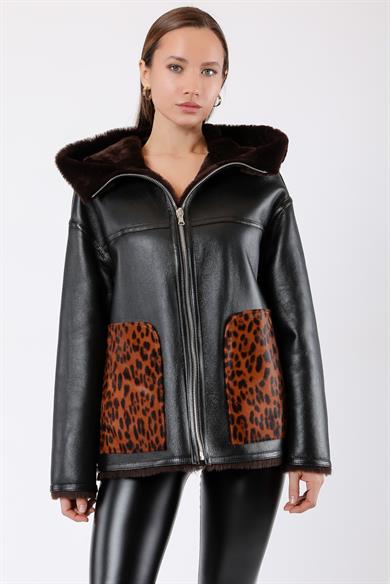 Black Genuine Leather Trimmed Fur Coat
