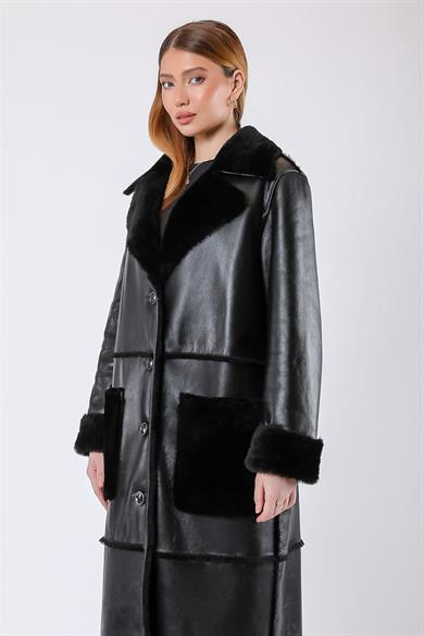 Black Genuine Leather Trimmed Fur Coat