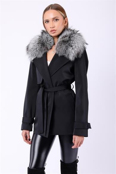 Siyah Hakiki Fox Kürk Aksesuarlı Fiber Trench Kaban