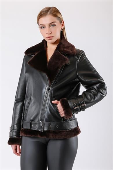 Black Brown Fur-Lined Genuine Leather Coat