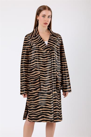 Black Brown Striped Genuine Leather Coat