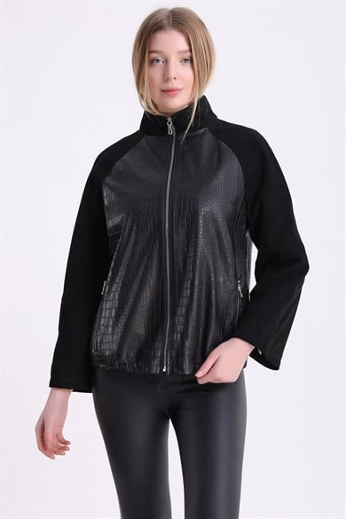 Black Croco Embossed Suede Leather Jacket