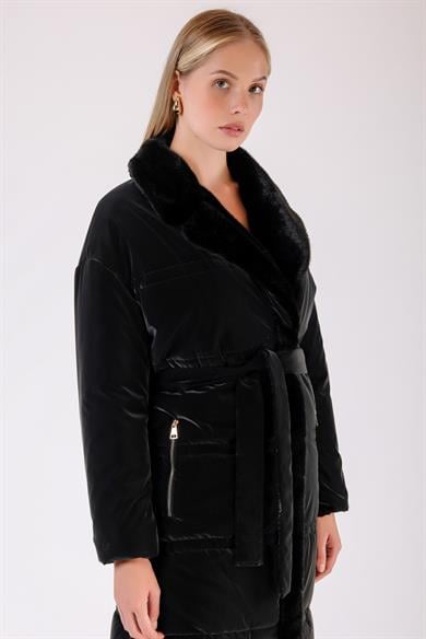 Black Waterproof Puffer Coat with Fur Trim
