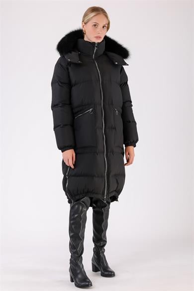 Black Waterproof Puffer Coat with Fur Trim