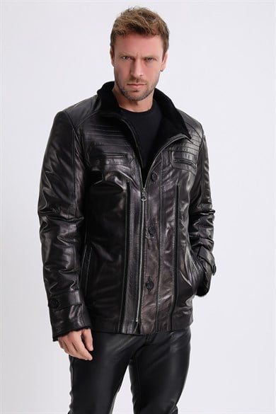 Black Leather Coat with Lamb Fur Lining