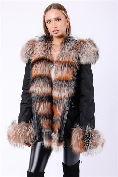 Black Fibre Puffer Coat with Natural Fox Fur Trim