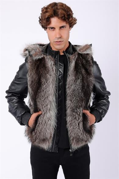 Black Genuine Leather Coat with Natural Fur Trim