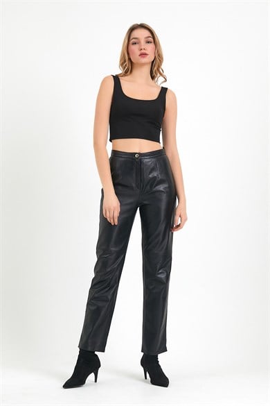Siyah Regular Fit Deri PantolonPantolon