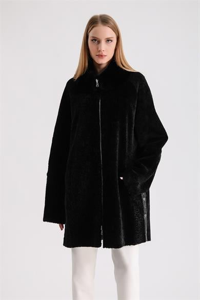 Black Astrakhan Fur Coat with Rex Fur and Leather Trim