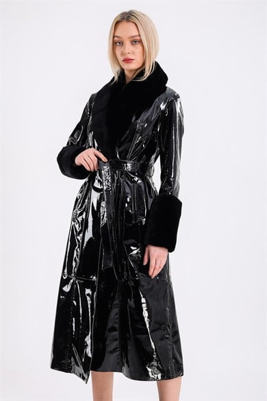 Black Patent Leather Coat with Rex Fur Trim