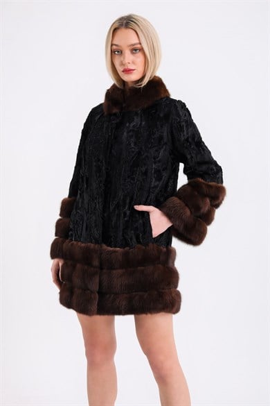 Black Astrakhan Fur Coat with Sable Trim
