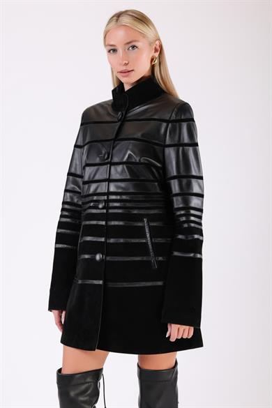 Black Stripe Detail Genuine Leather Coat