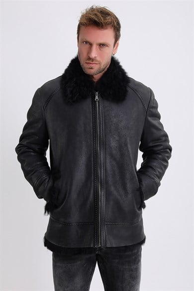 Black Leather Coat with Tigrado Fur Lining