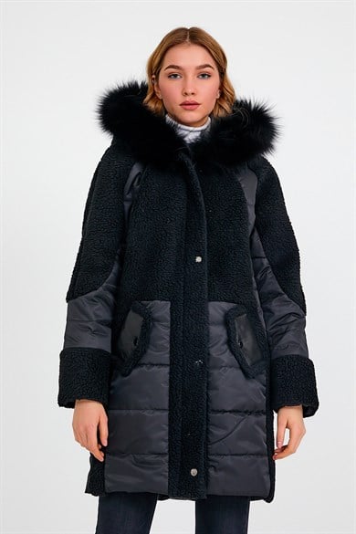 Black Puffer Coat with Fox Trim