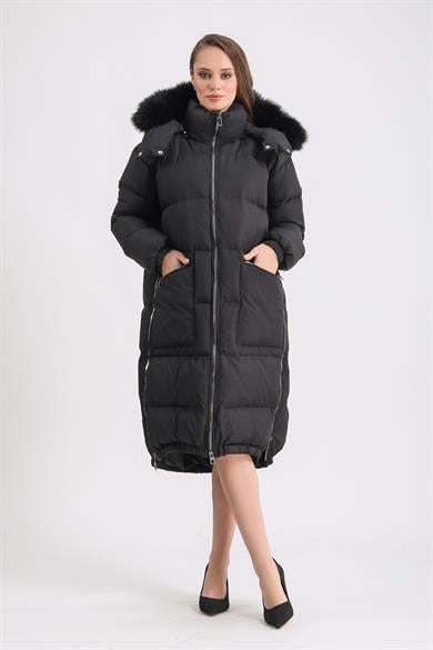 Black Puffer Coat with Fox Fur Accessory