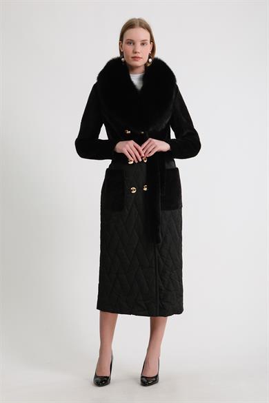 Black Wool Coat with Fox Fur Accessory