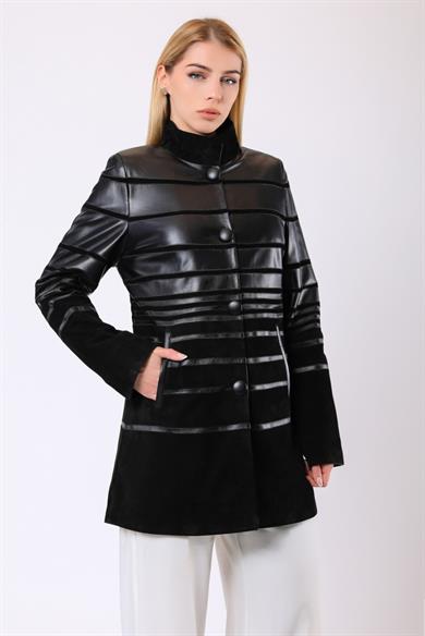 Black Vivien Genuine Suede Coat with Stripe Detail