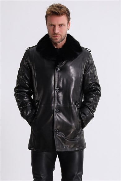 Black Leather Coat with Fur Lining and Mink Accents