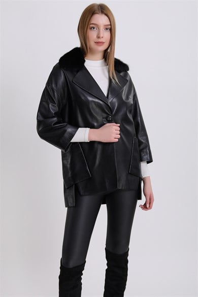 Black Leather Jacket with Mink Fur Trim