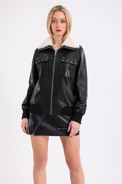 Black Embroidered Leather Jacket with Mink Fur Trim