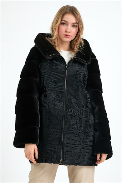 Black Swakara Coat with Mink Fur Trim