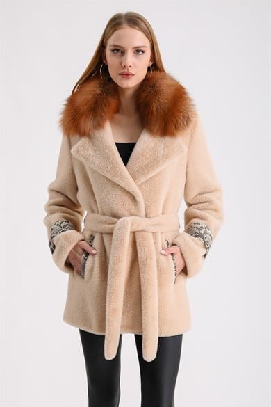 Salmon Beige Wool Coat with Gold Fox Fur and Python Leather Trim