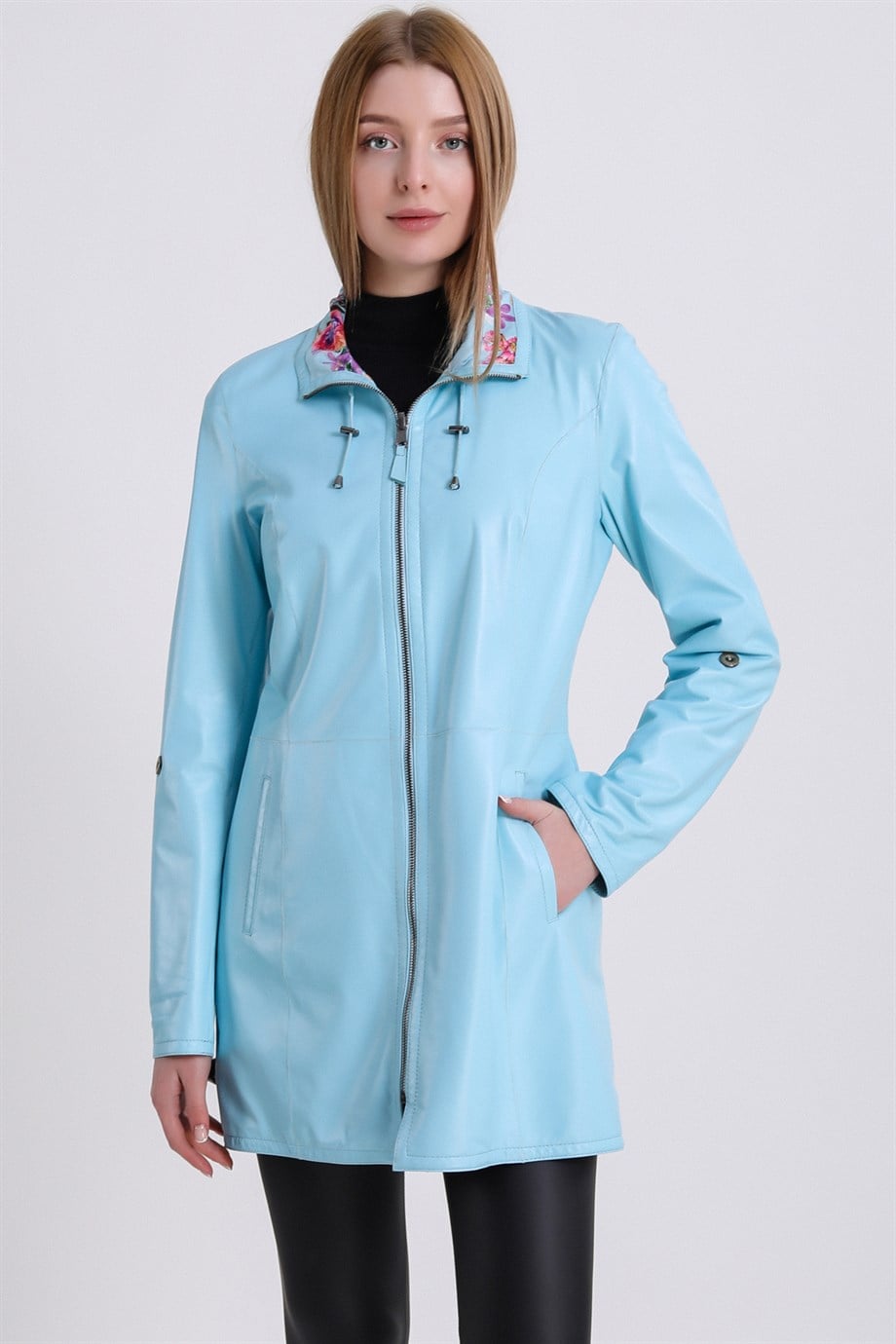 Açık Mavi Çift Taraflı Deri Kaban