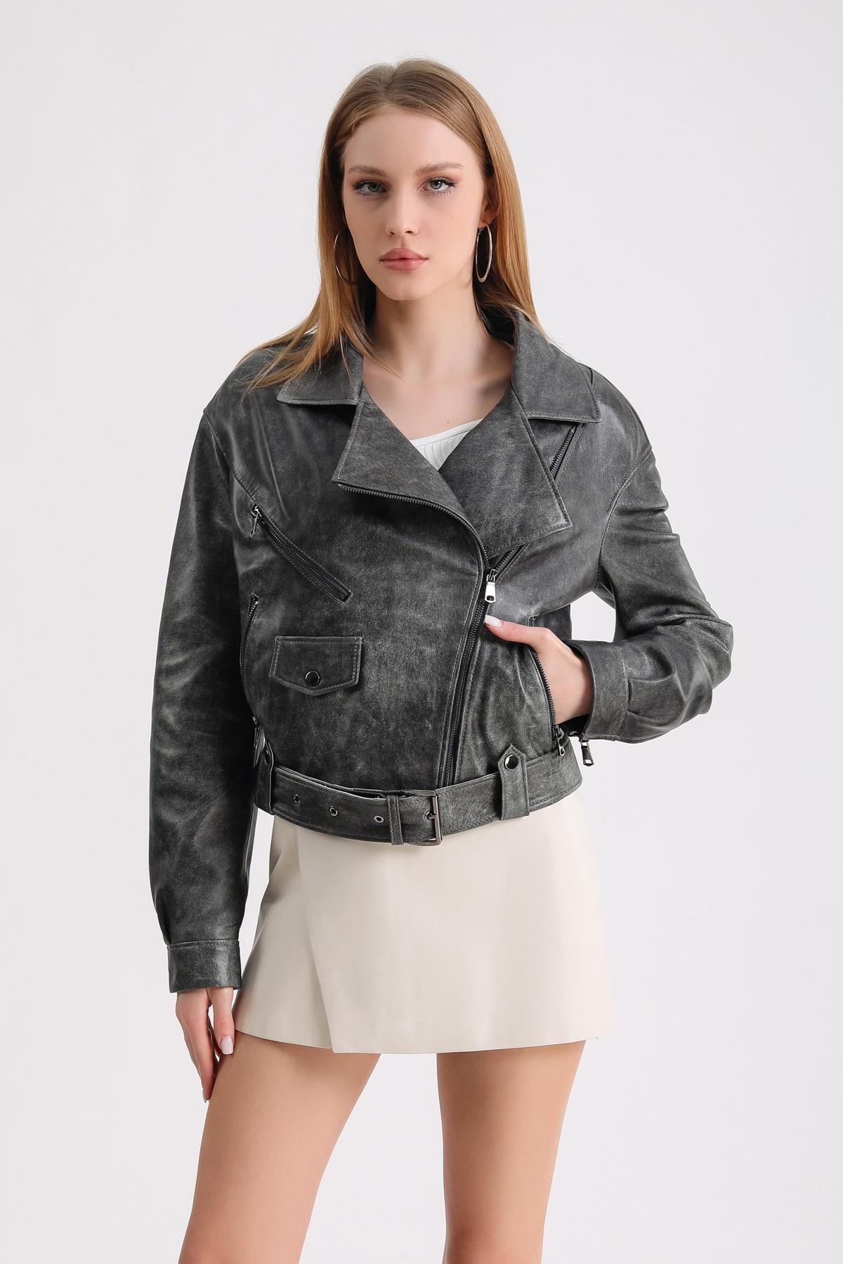Antrasit Gri Oversize Biker Deri CeketCeket