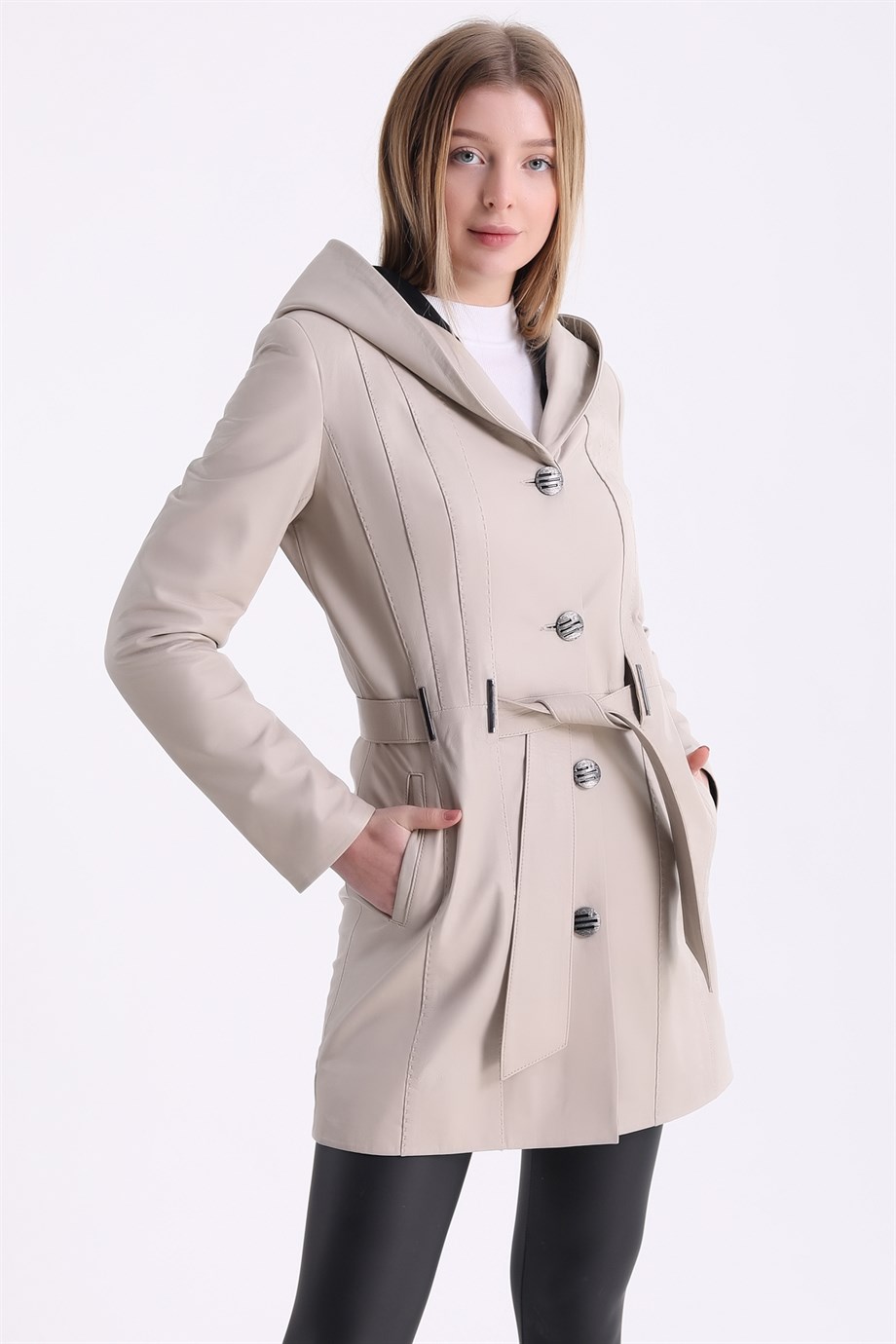 Bej Kapüşonlu Deri KabanKaban