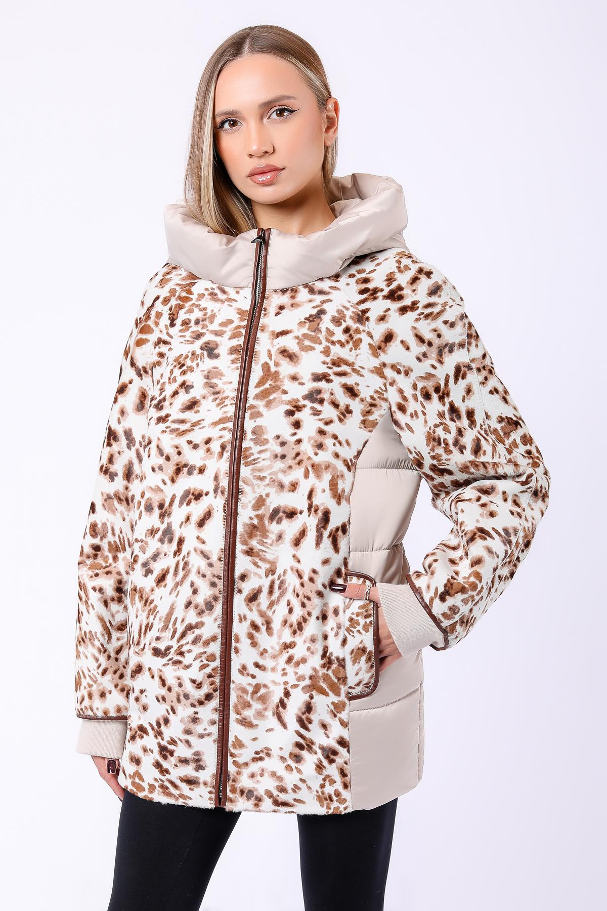 Bej Leopar Garnili Hakiki Deri Puffer KabanKaban