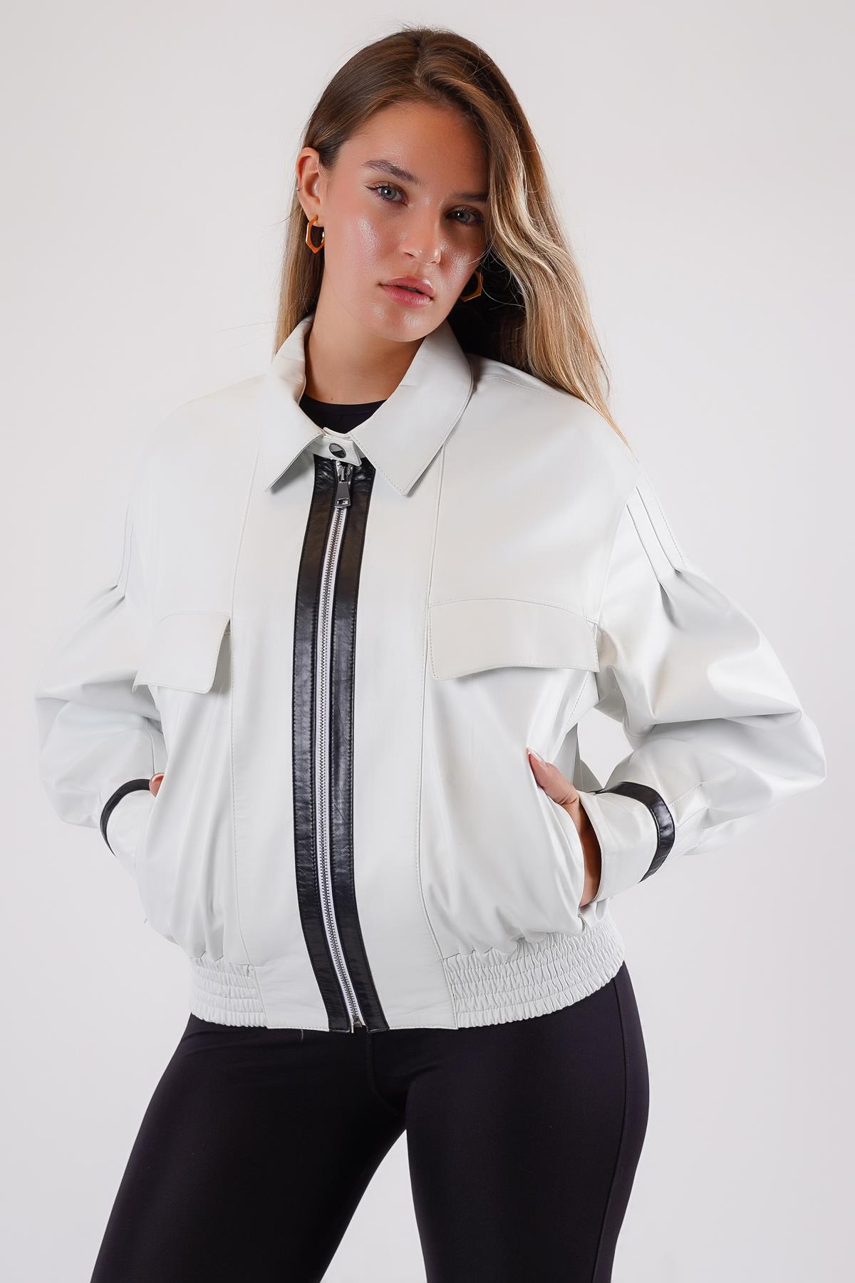 Beyaz Oversize Hakiki Deri Bomber CeketCeket