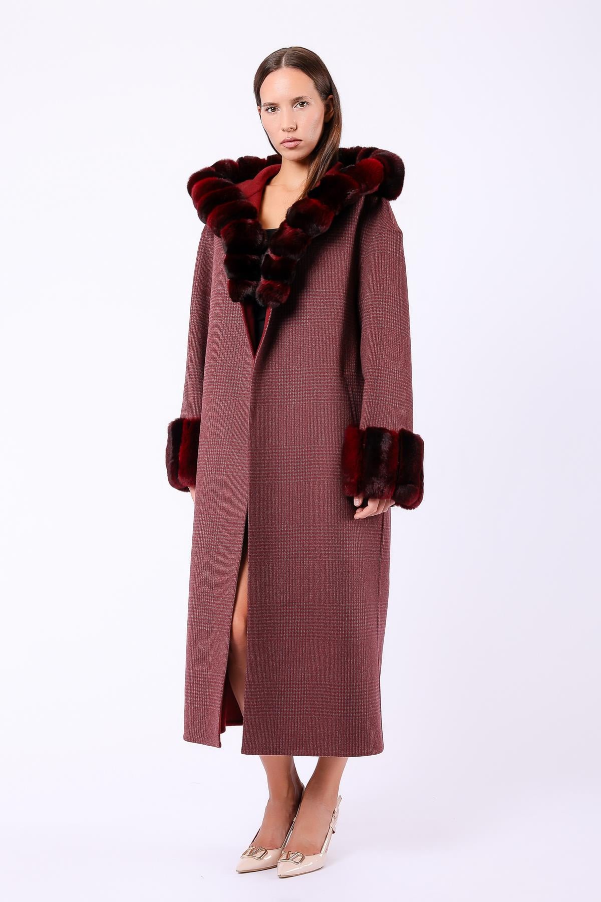 Bordo Çinçila Kürk Aksesuarlı Hakiki Alpaka Yün KabanKaban
