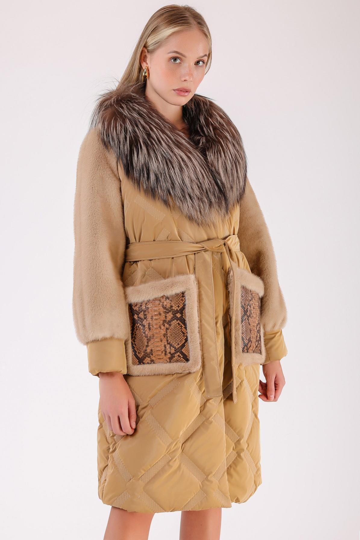 Camel Bej Fox Kürk Aksesuarlı Şişme Puffer KabanKaban