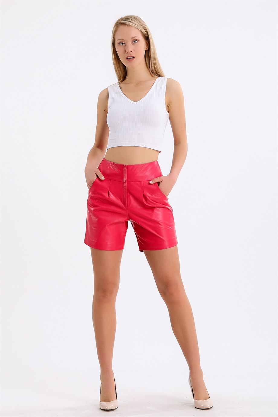 Fuşya Regular Fit Deri ŞortŞort